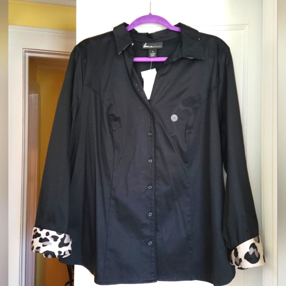 Black tailored blouse with animal print cuffs